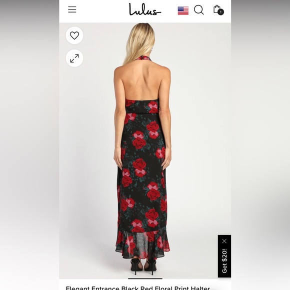 NWT XS Lulus Elegant Entrance Black Red Floral Print Halter Maxi Dress - Picture 2 of 4